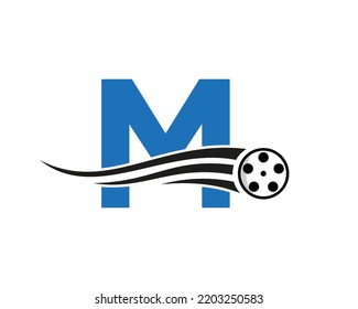 Initial Letter M Film Logo Concept With Film Reel For Media Sign, Movie Director Symbol Vector Template