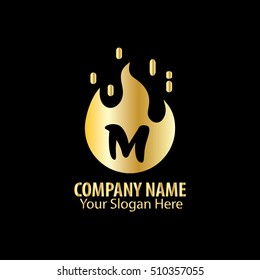 Initial Letter M With Fire Logo Gold