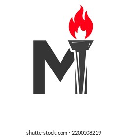 Initial Letter M Fire Torch  Concept With Fire and Torch Icon Vector Symbol