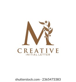 Initial Letter M und floraler Logo-Vektorgrafik, Botanischer Minimalistischer Letter Feminine Logo-Designvorlage