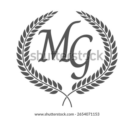 Initial letter M and G, MG monogram logo design with laurel wreath. Luxury calligraphy font.