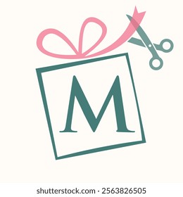 Initial Letter M Gift Box Logo Design Concept With Ribbon and Scissors Symbol For Weeding and Birthday Gift Sign