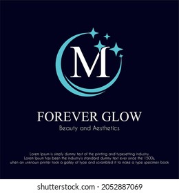 Initial Letter M with Glowing Shine Sparkle for Clean, Beauty, Glowing Facial, Cosmetic, Aesthetic Service, Fashion Business Logo Concept Design