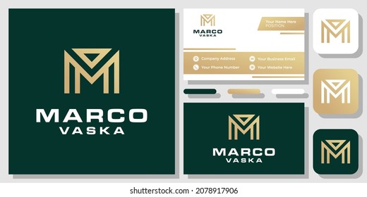 Initialen Buchstaben MV VM Gold Luxury Elegantes, geometrisches Monogramm Logo Design mit Visitenkartenvorlage