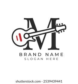 Initial Letter M Guitar icon with Line Art Style for Chord. Alphabet M with Musical instrument logo design