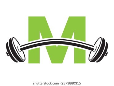 Initial Letter M Gym Logo Design Concept With Straight and Curved Barbell Symbol. Fitness Sign, Bodybuilding, Workout Vector