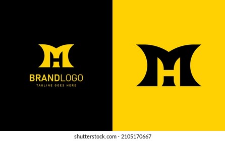 Initial Letter M and H Linked Logo. Black and Yellow Geometric Shape M Letter with Negative Space H Letter inside isolated on Double Background. Use for Branding Logos. Flat Vector Logo Design