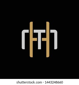 Initial letter M and H, MH, HM, overlapping interlock logo, monogram line art style, silver gold on black background