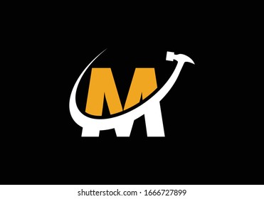 Initial Letter M with a hammer Logo design vector template, 