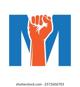 Initial Letter M Hand Logo Concept For Happy Labor Day For United States, USA Labor Day Symbol