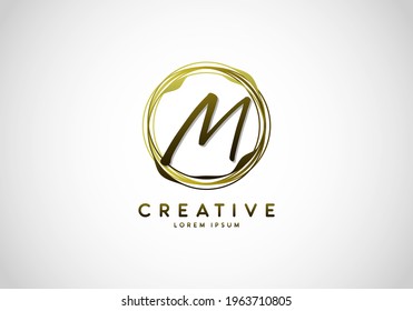 Initial Letter M Handwriting Stylish Signature, Circle Abstract Gold, Template Logo Vector.