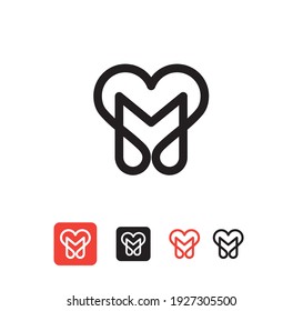 initial letter m with heart linear vector illustration