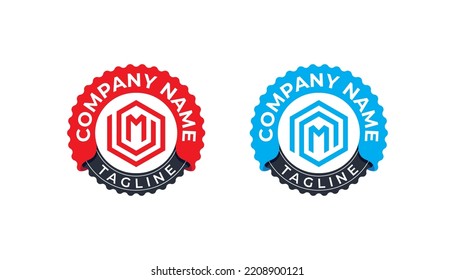 initial Letter M Hexagon Stamp Badge Logo Concept sign icon symbol Design Element Line Art Style. Home, Real Estate, Tech Logotype. Vector illustration template