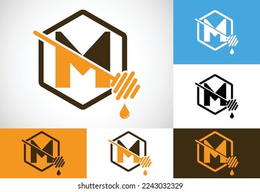 Letra inicial M con ilustración vectorial del logotipo de abejas melíferas. Símbolo del tipo de letra del logotipo de la miel