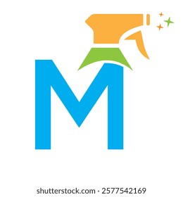 Initial Letter M House Cleaning Logo Concept With Hygiene Sprays Symbol