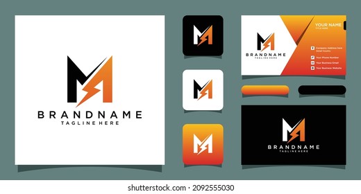 Initial letter M icon logo design template with lightning with business card design template