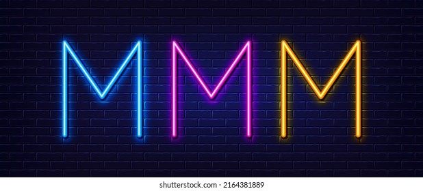 Initial letter M icon. Neon light line effect. Line typography character sign. Large first font letter. Glowing neon light element. Letter M glow 3d line. Brick wall banner. Vector