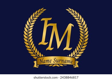 Initial letter I and M, IM monogram logo design with laurel wreath. Luxury golden emblem with calligraphy font.