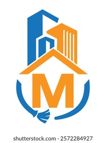 Initial Letter M Industrial Cleaning Logo Concept With Cleaning Brush and Building Symbol. Broom Sign