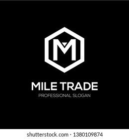 Initial letter M inside Hexagon with arrow shape. Modern white logo template for business or finance.