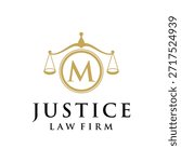 Initial letter M justice law firm logo design, attorney scale of justice legal graphic icon vector template