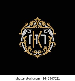 Initial letter M and K, MK, KM, decorative ornament emblem badge, overlapping monogram logo, elegant luxury silver gold color on black background