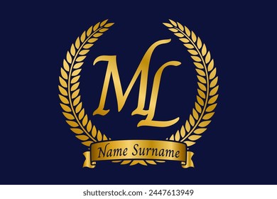 Initial letter M and L, ML monogram logo design with laurel wreath. Luxury golden calligraphy font.