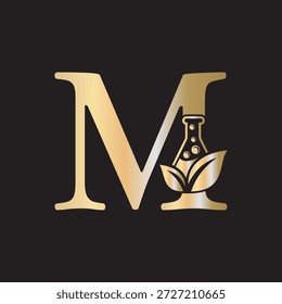 Initial letter M laboratory logo design combine with test tube and leaf symbol