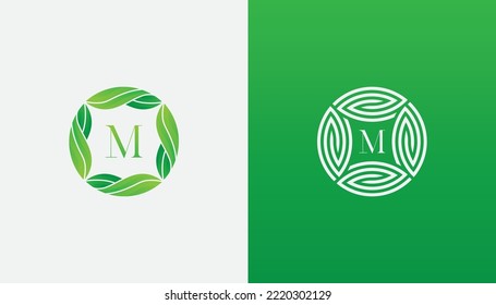 initial Letter M Leaf Circle Shape Logo Set Concept symbol icon sign Element Design. Cosmetics, Natural Products, Health Care, Ecology, Spa Logotype. Vector illustration template