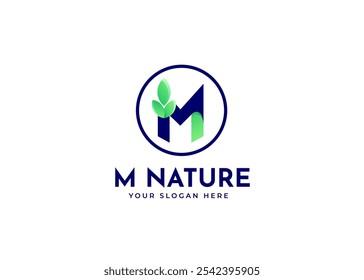 Initial Letter M with Leaf Icon Symbol Logo Inspiration. Green Leaf Symbol on Letter M Logo Design. Green and Natural Branding for Eco Business Identity. Alphabet Vector Logo Illustration.
