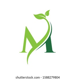 Initial Letter M With Leaf Luxury Logo. Green leaf logo Template vector Design.
