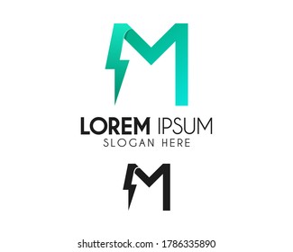 Initial letter M lightning logo design. Energy alphabet icon for technology