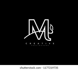 Initial Letter M Linear Minimalist Monogram Swoosh Leaf Logotype
