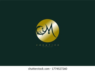 Letra inicial M Monograma de brillo vinculado Minimalis florece logotipo de oro circular