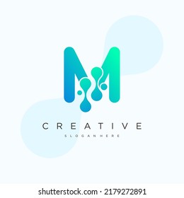 Initial Letter M Logo art. Blue Gradient Linear Rounded Style with Connected Liquid Dots . Usable for Business Science and Technology Logos. Flat Vector Logo Design Template Element.