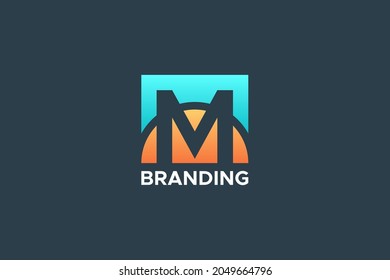 Initial Letter M Logo. Blue and Red Square Shape with Negative Space M Letter inside isolated on Dark Blue Background. Flat Vector Logo Design Template Element for Business and Branding Logos.