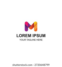 Logotipo inicial de la letra M, Formas redondeadas coloridas de la cinta, Gradientes de color púrpura anaranjado rosado vibrante.