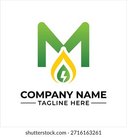 Letra inicial m design do logotipo combinando elementos verdes da natureza com um símbolo de eletricidade
