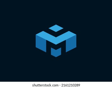 Initial Letter M Logo. Geometric Shape Box Origami Style Isolated on Dark Background. Usable for Technology, Business and Branding Logos. Flat Vector Design Template Element