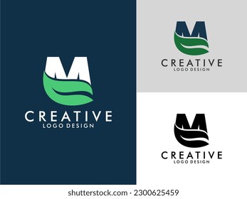 Initial Letter M Logo with Green Leaf vector on three color variations . Usable for Branding and Nature Logos. Flat Vector Logo Design Template Element
