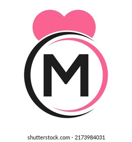 Initial Letter M Logo with Love Icon or Heart Sign In Modern Style Vector Template