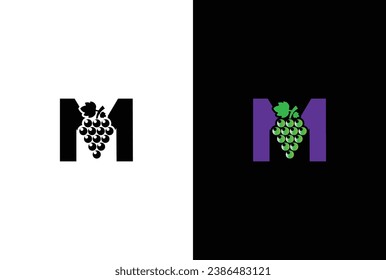 Initial letter M logo. Modern and simple letter M for the Grape symbol logo design with green leaves.