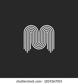 Monograma del logotipo de la letra inicial M, líneas delgadas lisas y negras, forma lineal curva brillante, tipografía moderna elemento de diseño mínimo