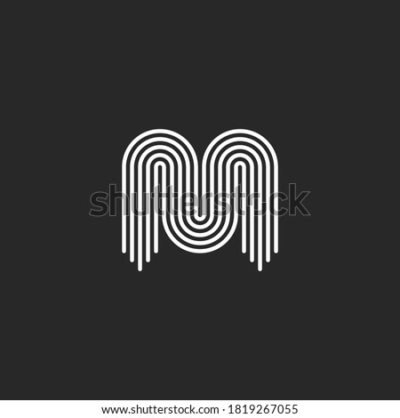 Initial Letter M logo monogram, black and white smooth thin lines, sleek curved linear shape, modern typography minimal design element