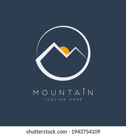 Initial Letter M Logo with Mountain Line and Sun Icon. Vector Logo Design Template.
