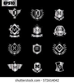 Initial Letter M Logo with Shield Icon Silver Set
