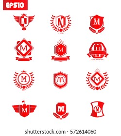 Initial Letter M Logo with Shield Icon Red Set