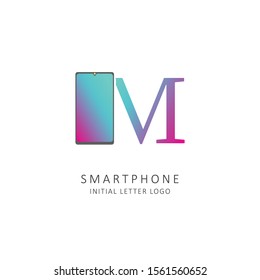 initial letter m logo with smartphone element, phone store logo design vector