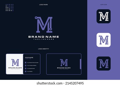 Initial letter M logo with technology elements