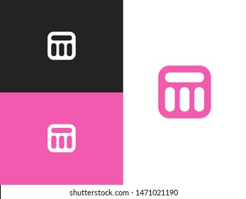 Initial letter M logo template design in square rounded shape. Bank building icon, stylized museum sign, library symbol. Concept logo label or badge. Simple vector element illustration.